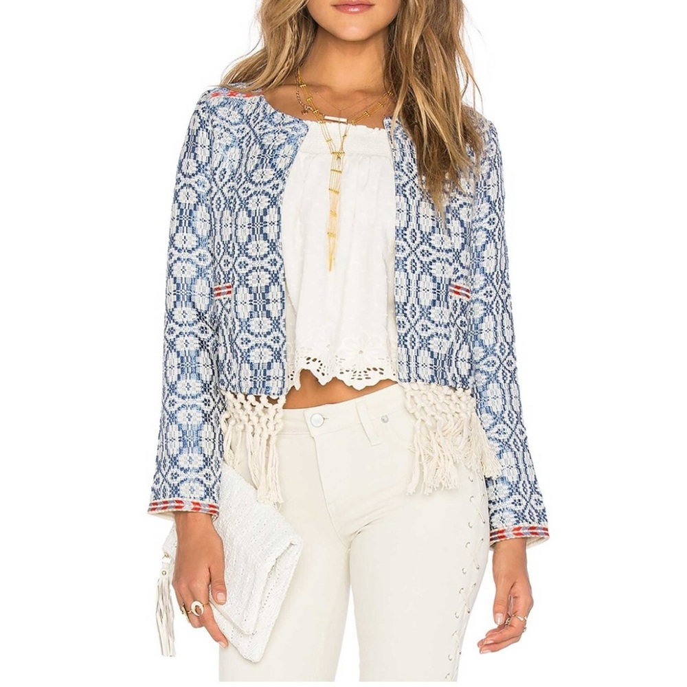Tularosa Blue and Cream Patterned Fringe Cropped Blazer size S